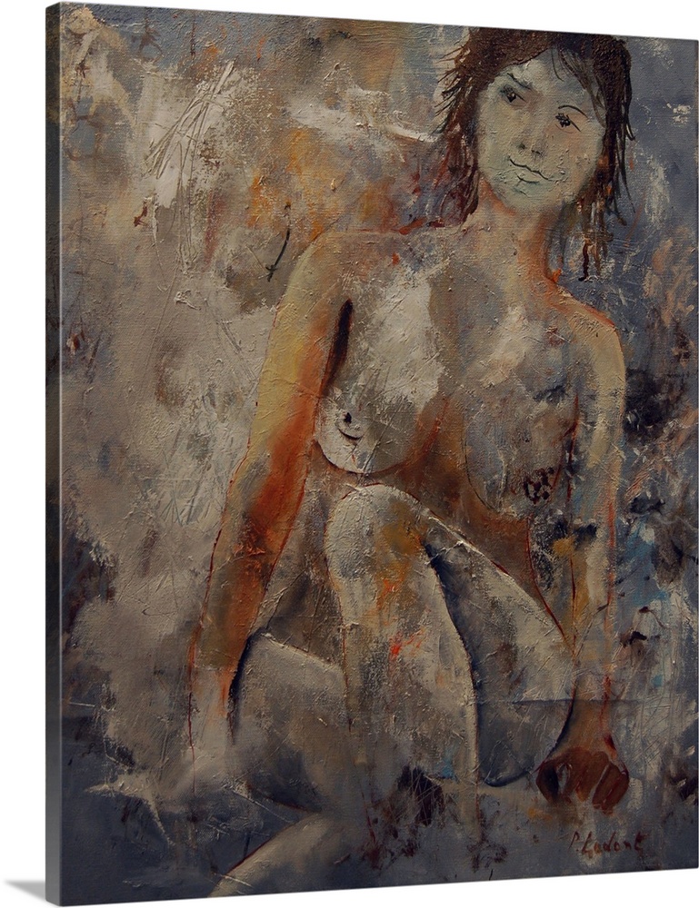 A nude portrait of a woman sitting, painted in textured neutral colors with orange accents.