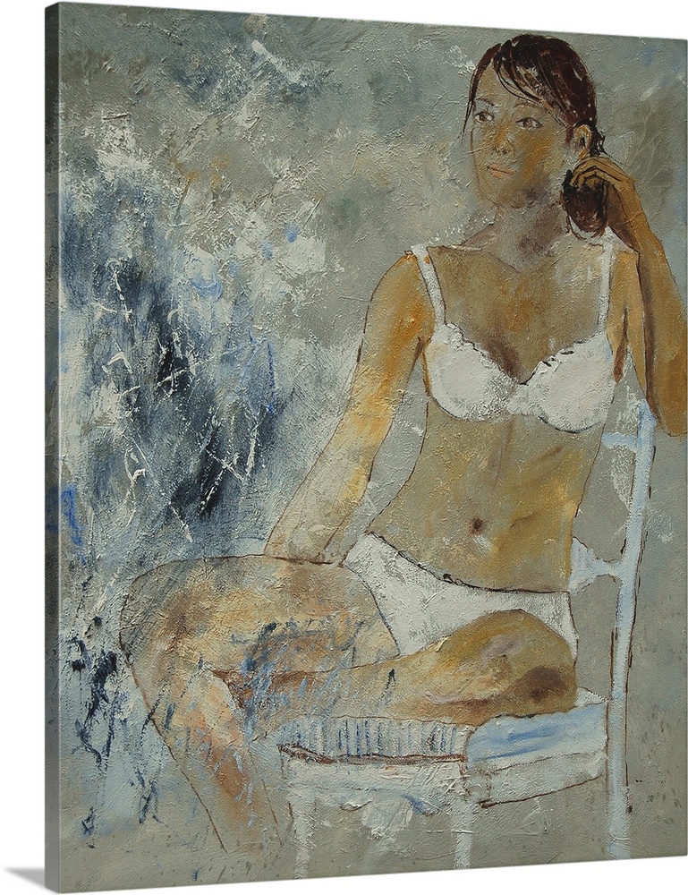 A painting of a woman wearing white lingerie sitting in a chair done in textured neutral tones.