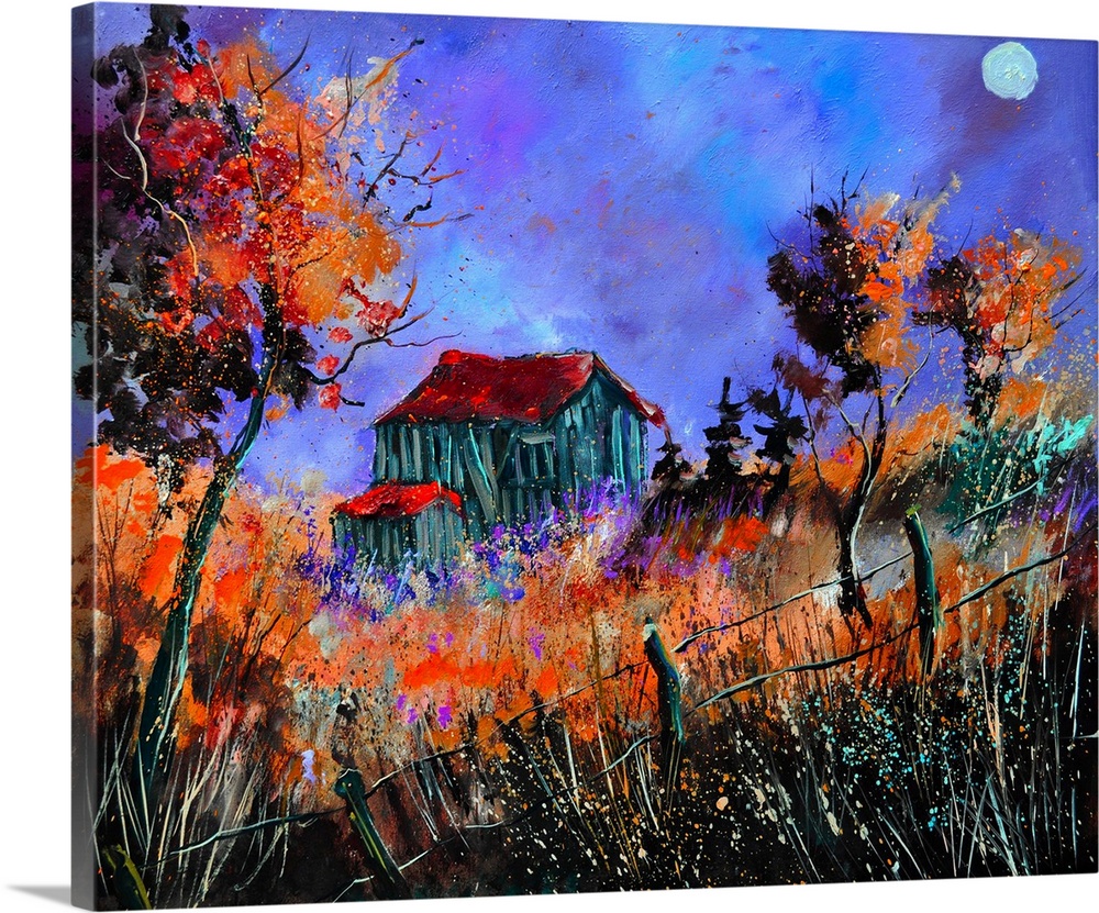 Vibrant painting of a fall day with golden trees, a colorful sky, and a barn in the distance.