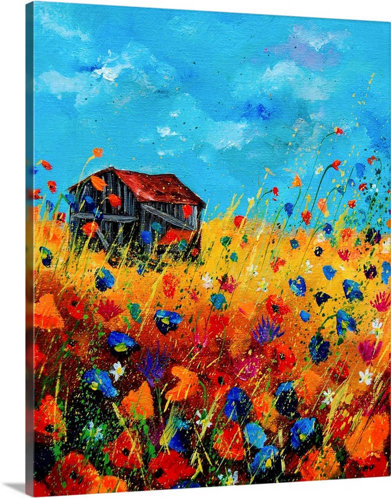 Vertical painting of a field of orange and blue poppies with a barn and splatters of multi-color paint overlapping the image.