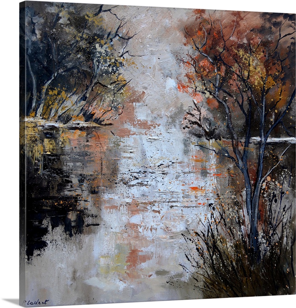 Abstract painting of a reflecting pond on an Autumn day lined with trees.