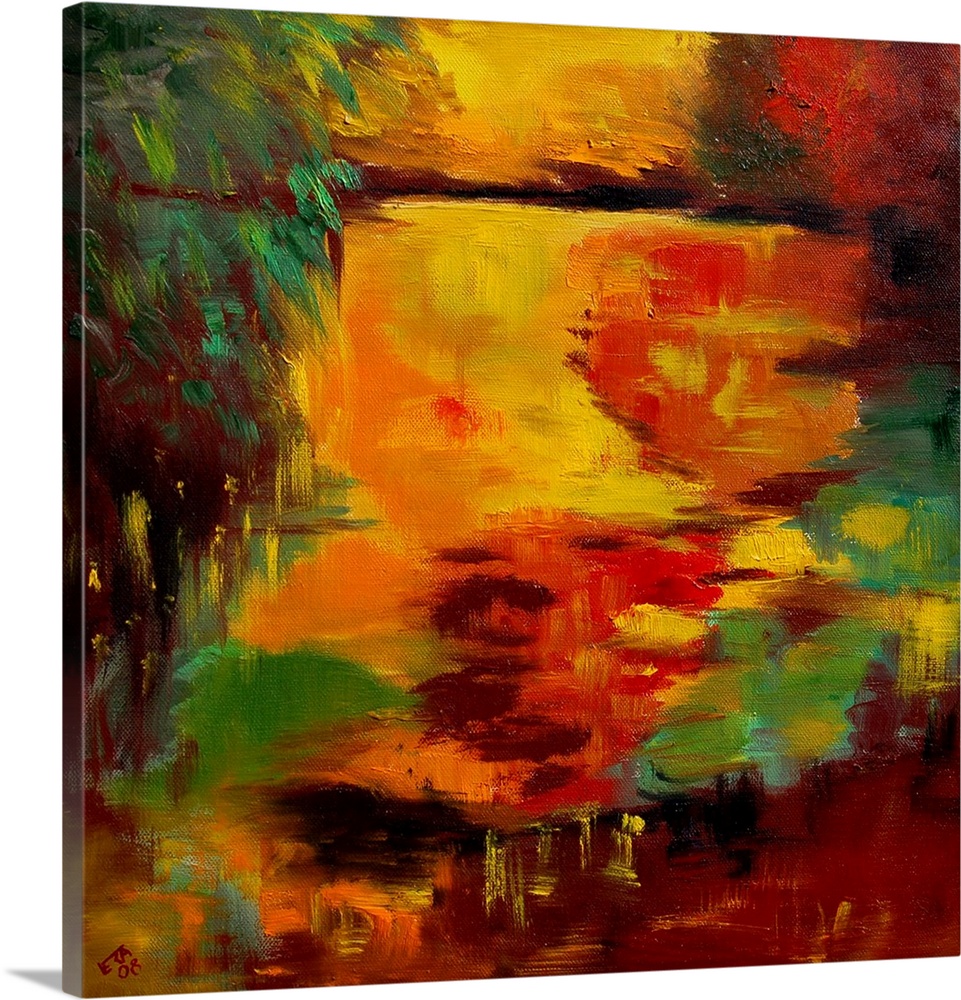 A square abstract landscape of a pond with vivid colors of yellow and orange.