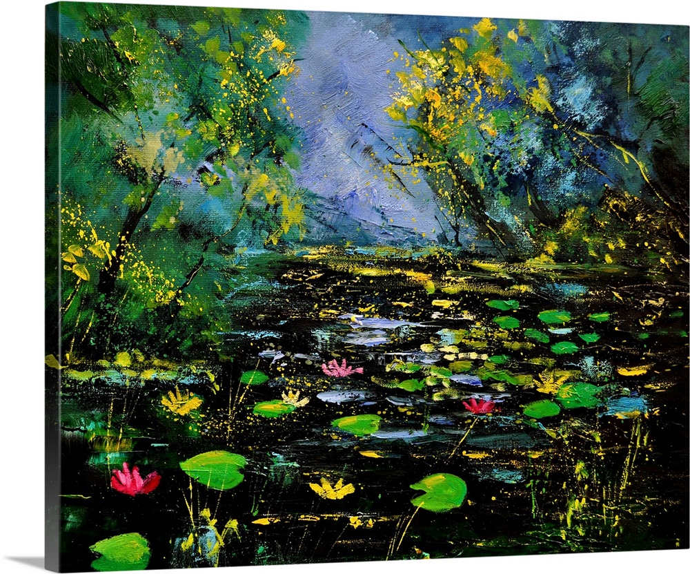 Landscape painting of green lily pads in a dark colored pond framed by vibrant green trees.