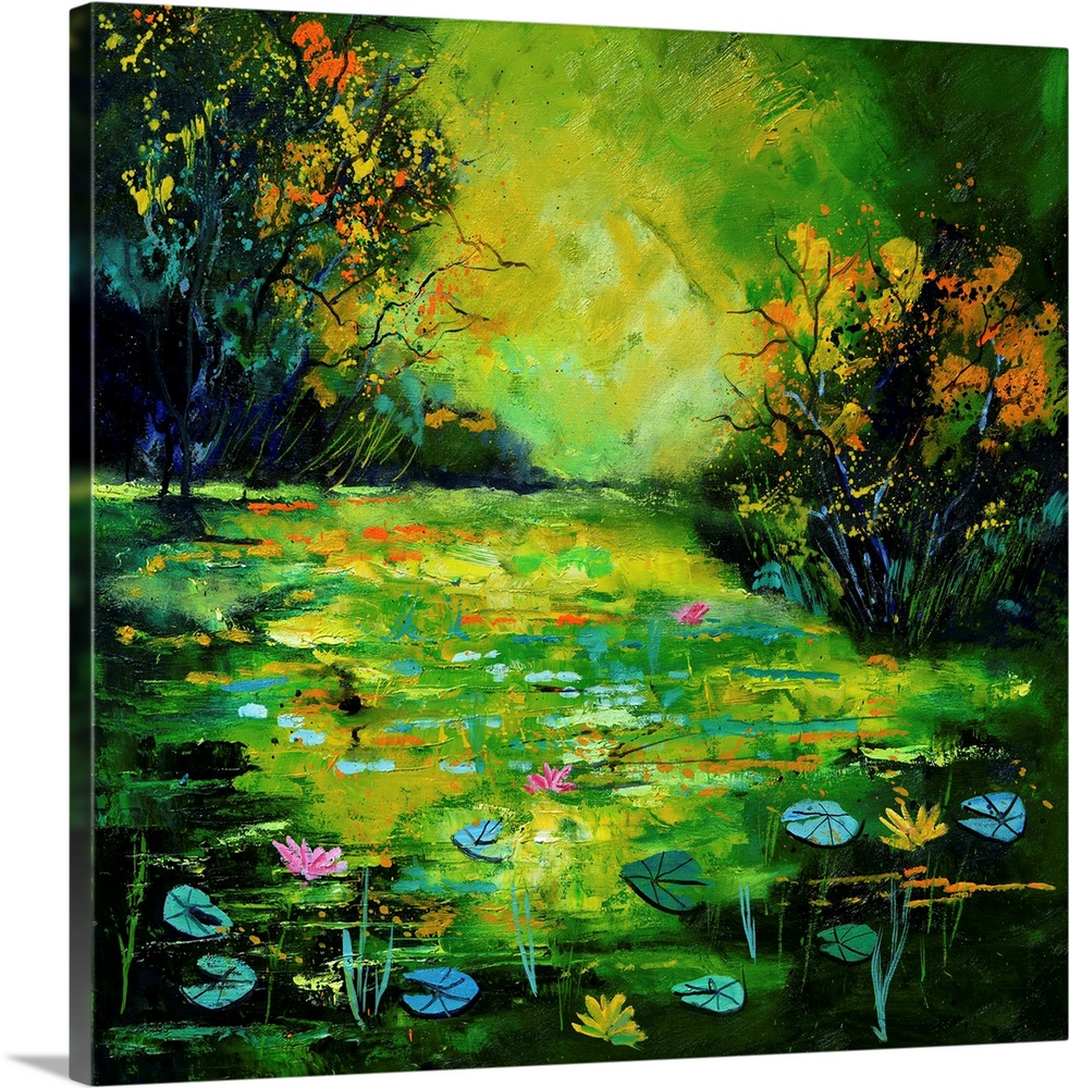Square painting of a pond scene with blue and green water lilies as well as flower blooms and small speckles of paint over...