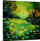 image thumbnail of Square painting of a pond scene with blue and green water lilies as well as flower blooms and small speckles of paint over...