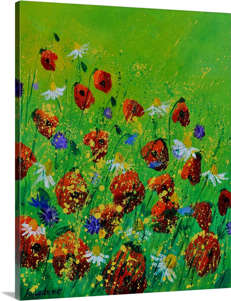 Vertical painting of colorful flowers in a field with small speckles of paint overlapping.