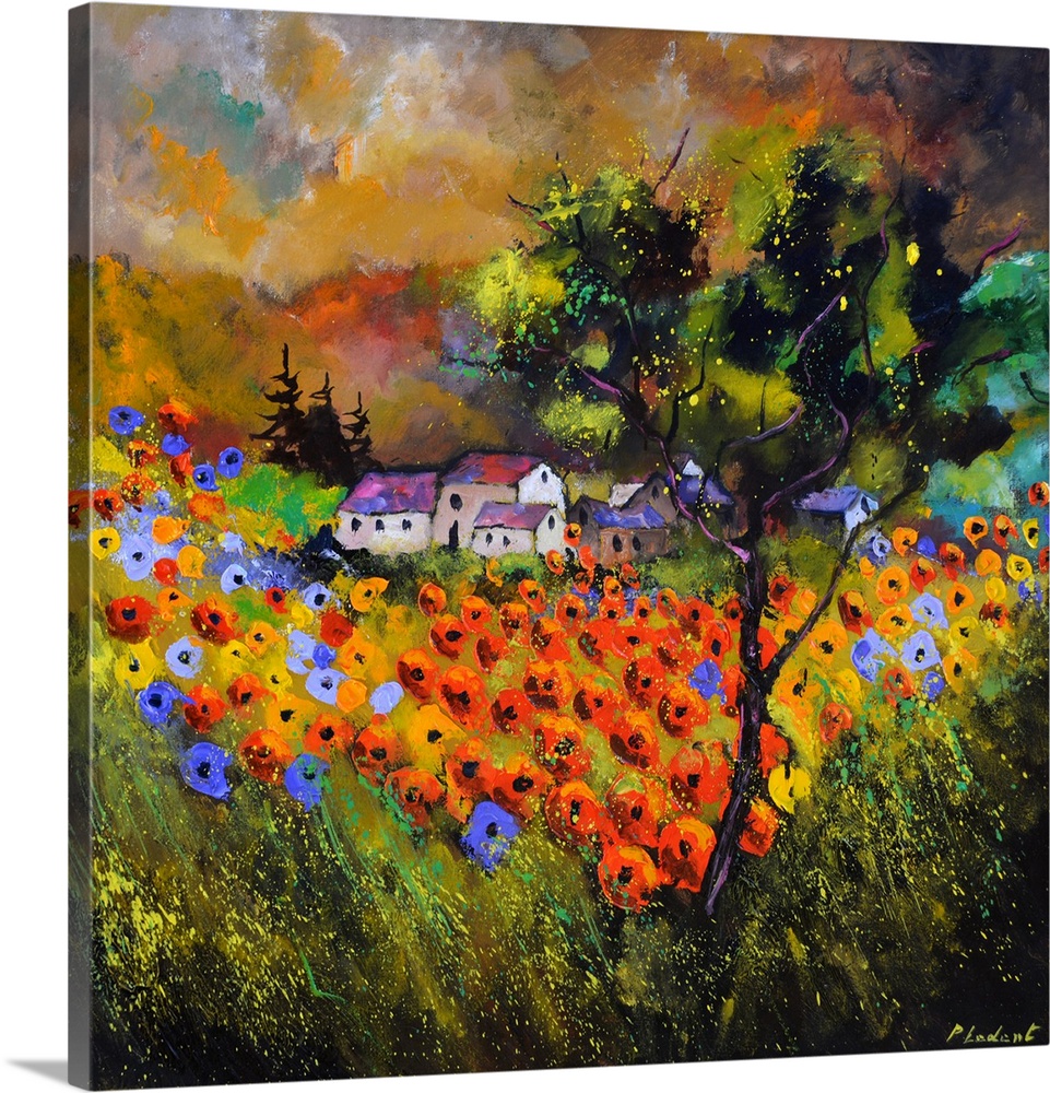 Contemporary painting with a field of poppy flowers in the foreground and a village in the background.