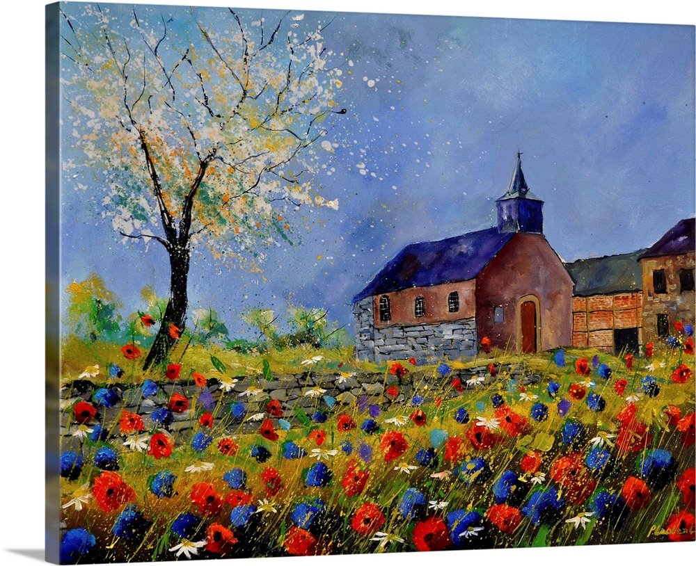 Vibrant colored springtime scene of a church surround by blooming flowers and trees with a blue sky.