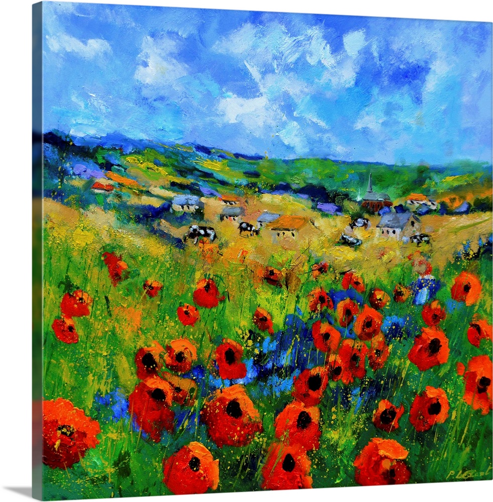 Contemporary abstract painting of a bright field of poppies.