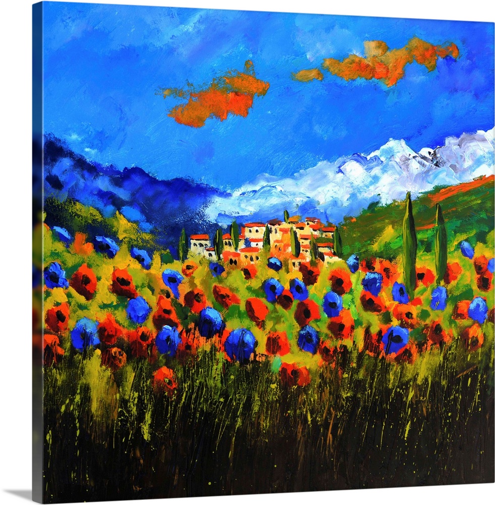 Vibrant painting of a bright Summer day with blossoming poppies, a colorful sky, and the village of Tuscany in the distance.