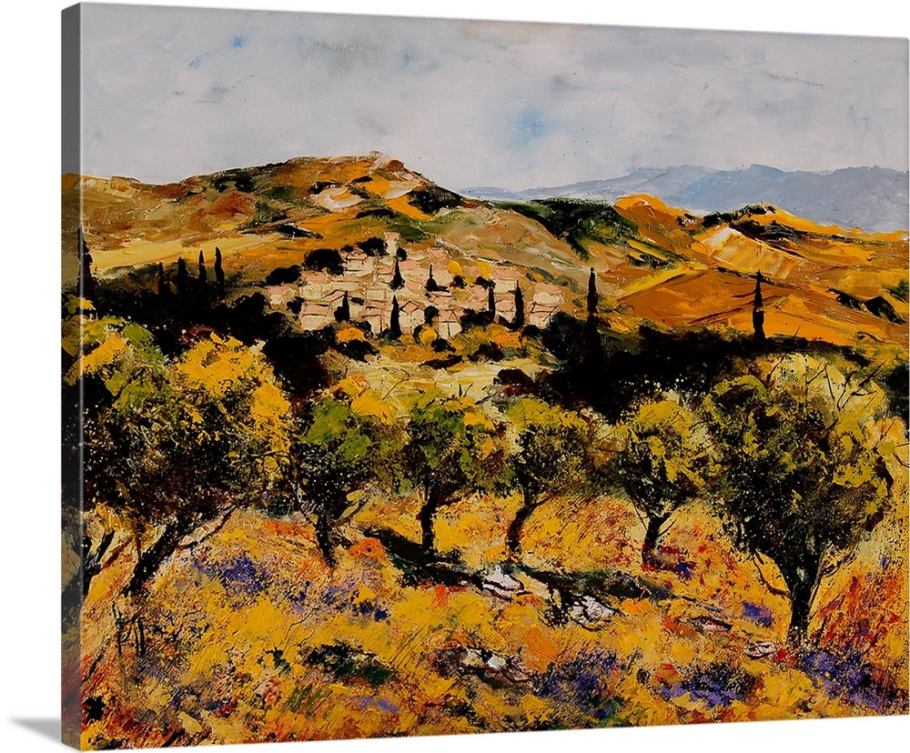 A horizontal abstract landscape of a village with muted textured colors of brown, orange and yellow.