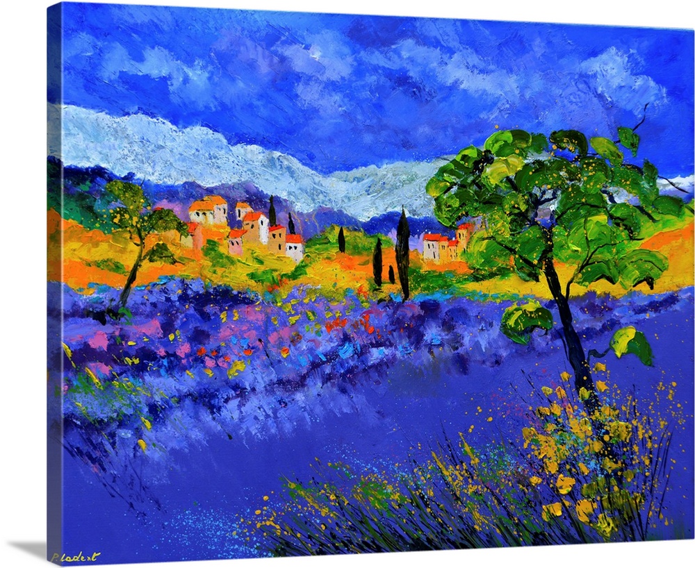 Abstract landscape painting in vibrant hues.