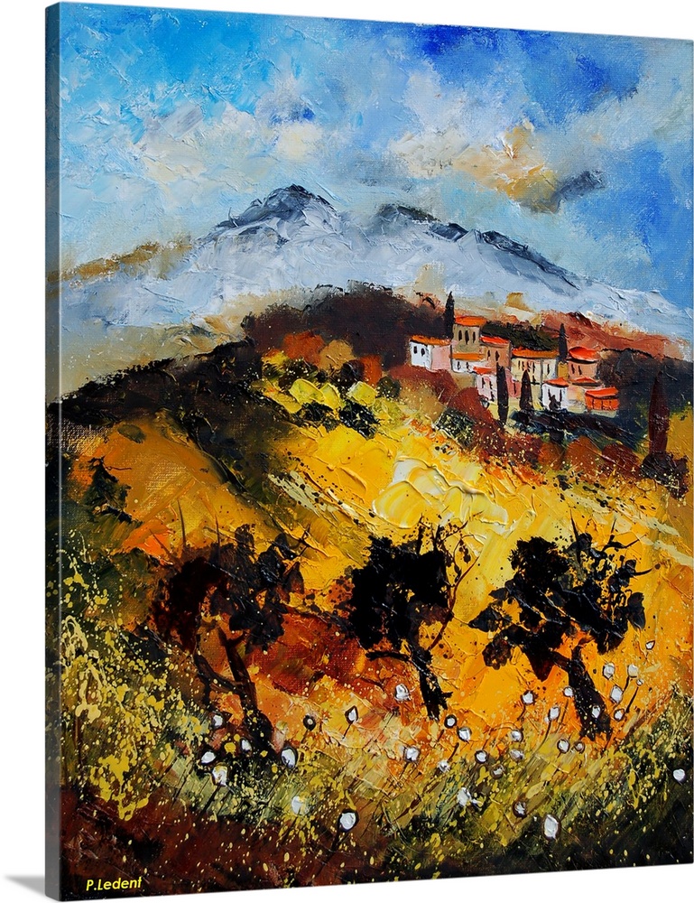 Landscape painting of the castle in Provence, France.
