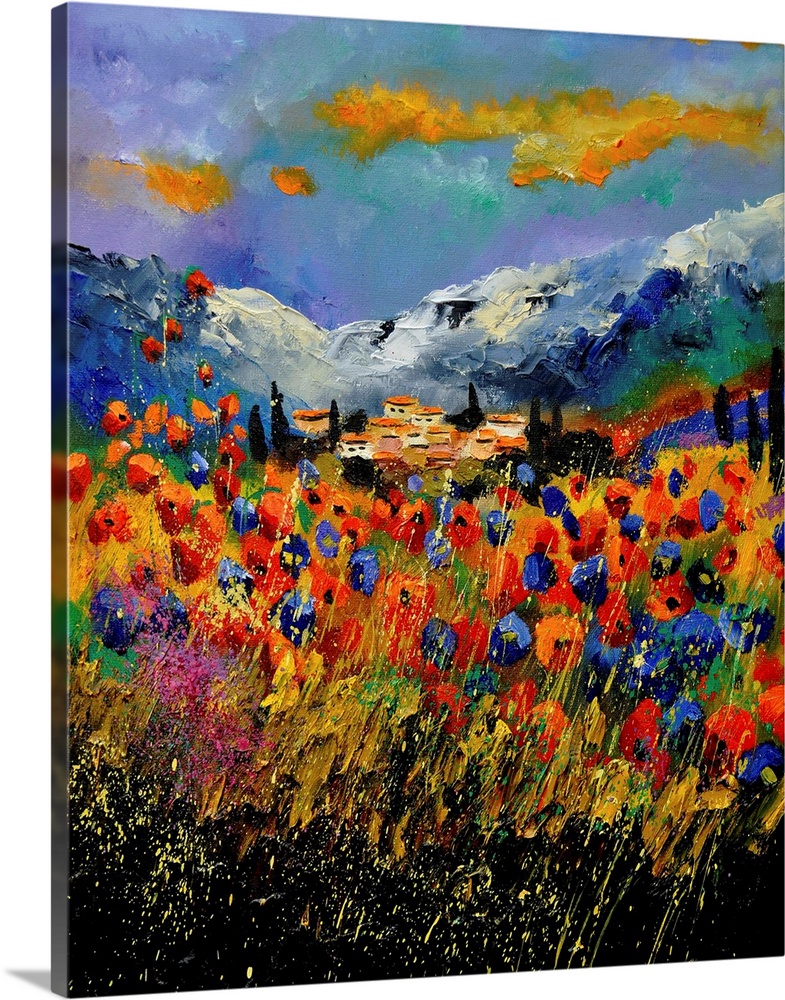 A field of vivid wild flowers among the grass with small splatter of paint overlapping and a small village in the background.