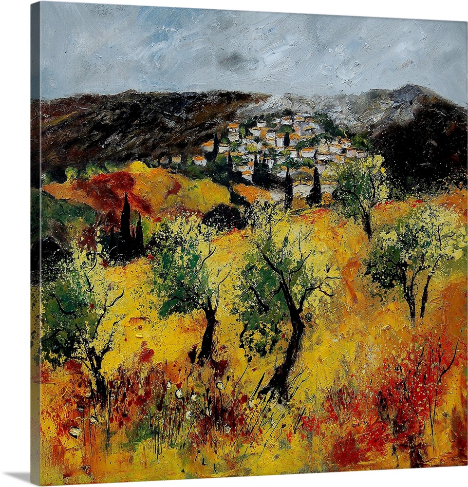 A horizontal abstract landscape of a village with muted textured colors of green, orange and yellow.