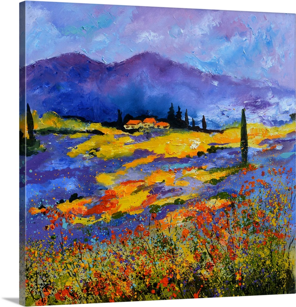 Vibrant painting of a bright Summer day with blooming flowers in a field, a colorful sky, and village of Provence in the d...