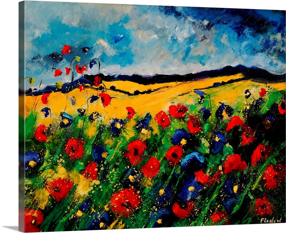 Horizontal painting of a colorful landscape with red and blue poppies in the foreground and rolling hills in the background.