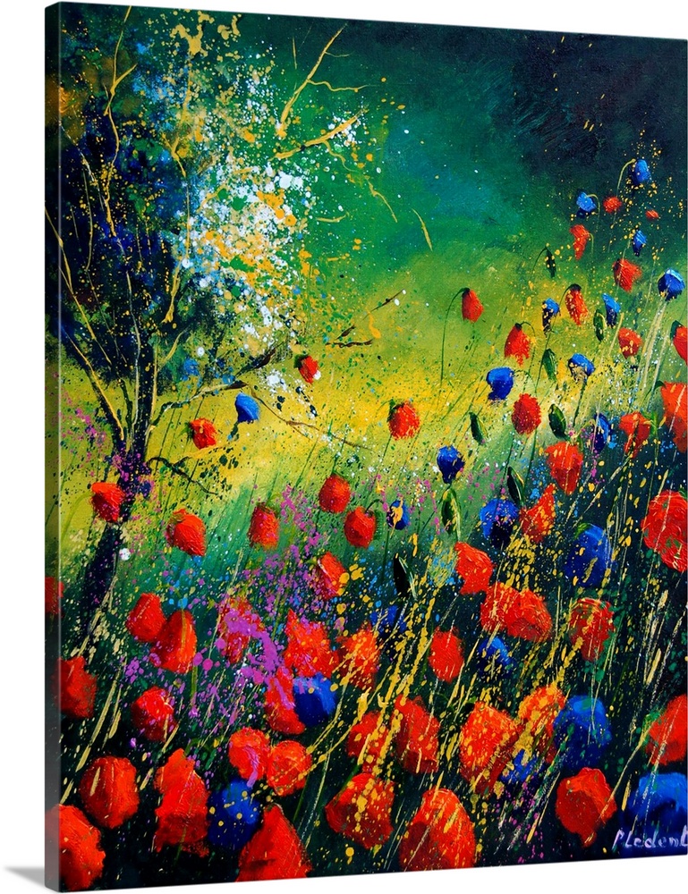 Vertical painting of a field of red and blue poppies along with a single tree with splatters of multi-color paint overlapp...