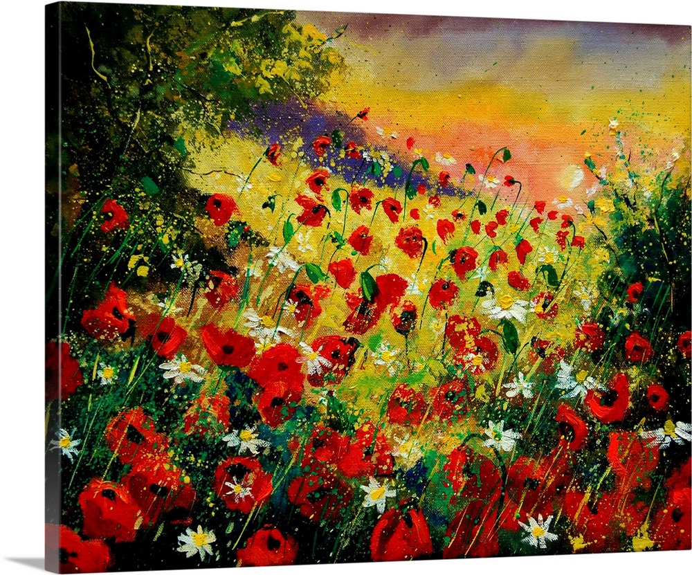 Horizontal painting of a field of red poppies with splatters of multi-color paint overlapping the image.