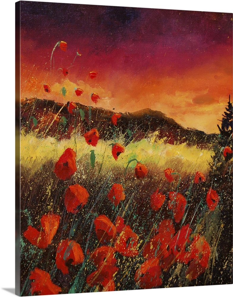 Vertical painting of an vibrant landscape with red poppies in the foreground and a bright warm sky in the background.