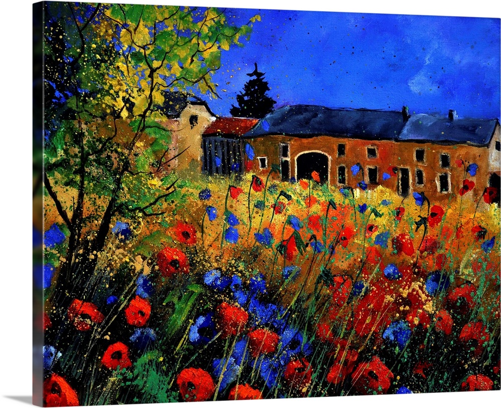 Vibrant colored springtime scene of a house surround by blooming flowers and trees with a bright blue sky.