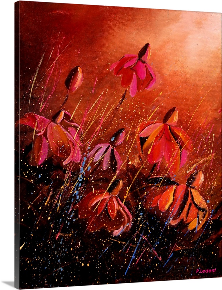 A vertical contemporary painting of red Rudbeckia flowers in bloom done in a texture paint with fine multi-color splatters...