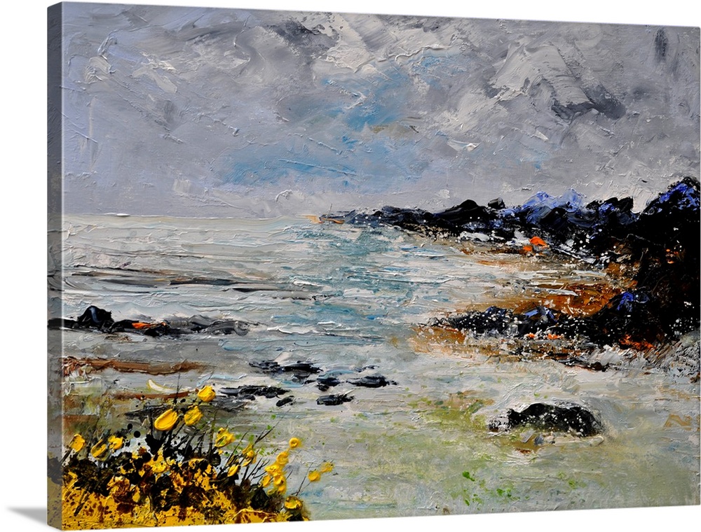 Horizontal landscape painting of a rocky seashore done is textured neutral tones.