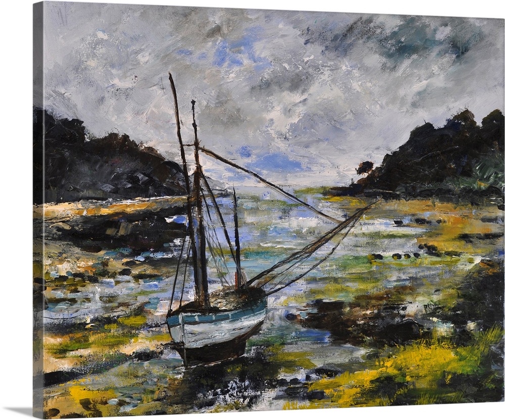Horizontal painting of a sailboat floating along while surround by marsh land in dark earth tones.