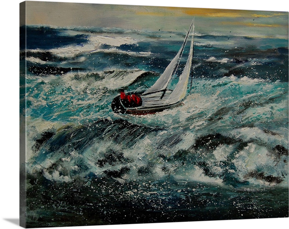 A complementary painting of a small sailboat on rough waters.