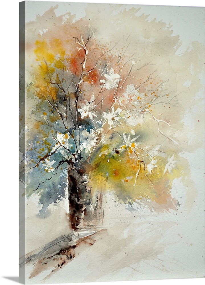 Contemporary watercolor painting of a vase of white flowers against a multi-colored backdrop.