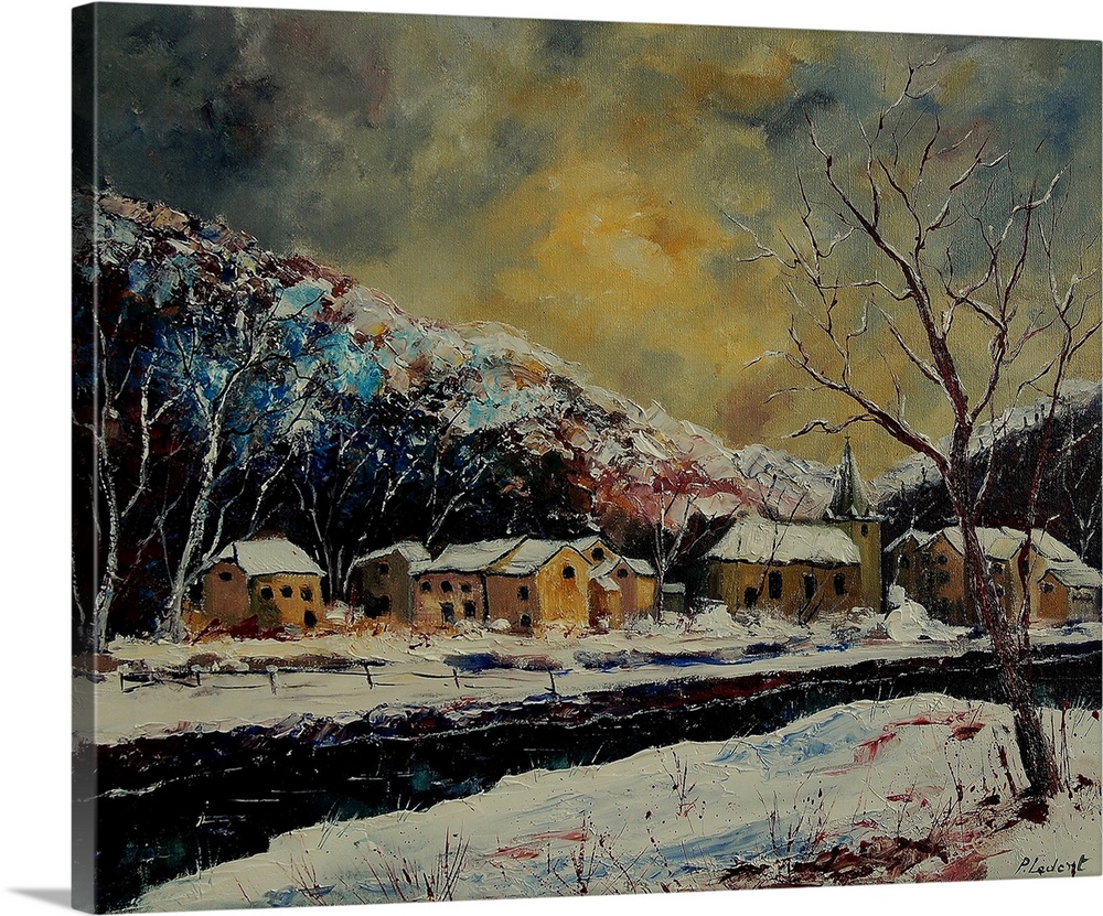 Contemporary painting of a village in Belgium covered in snow with a yellow sky.