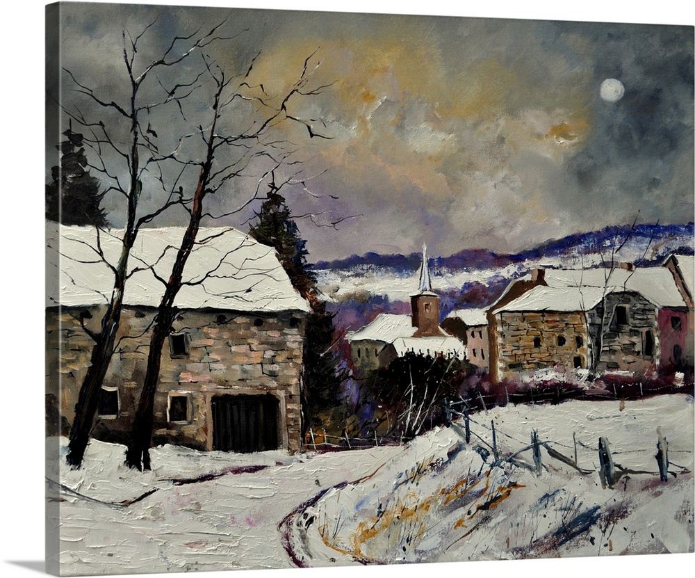 Painting of the small village of Gendron, Belgium covered in snow on a winter night.
