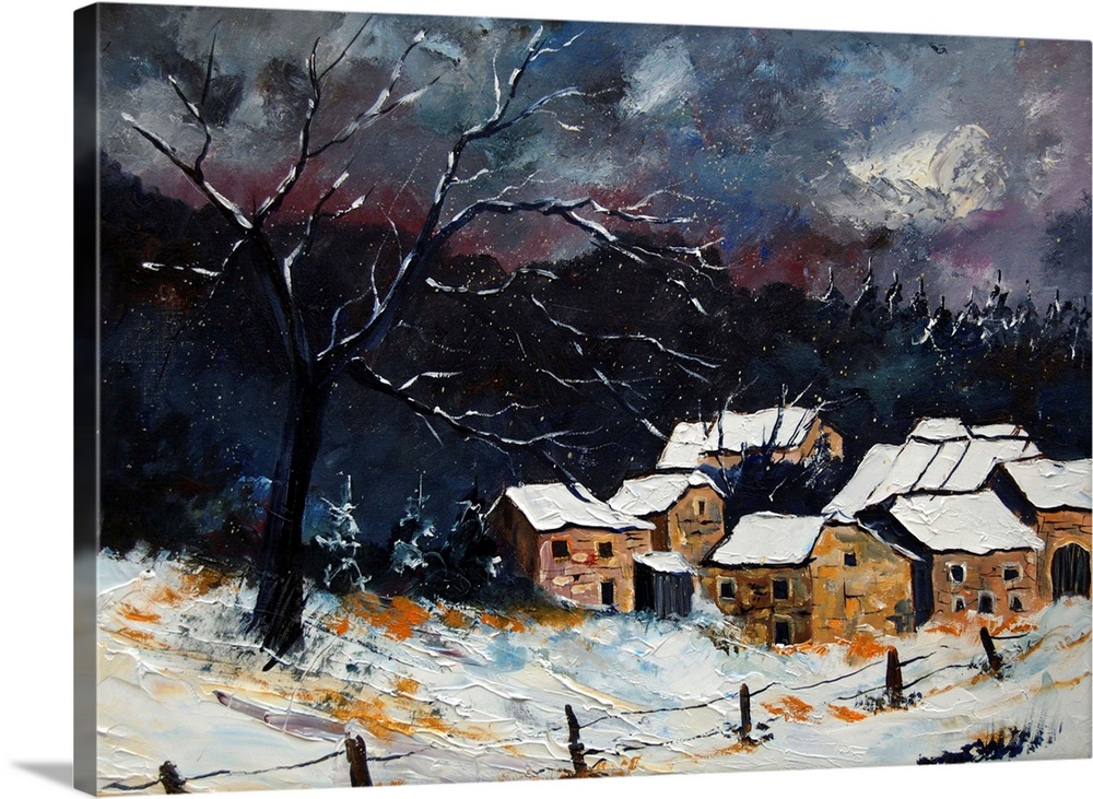 A horizontal abstract landscape of a snowy village at night.