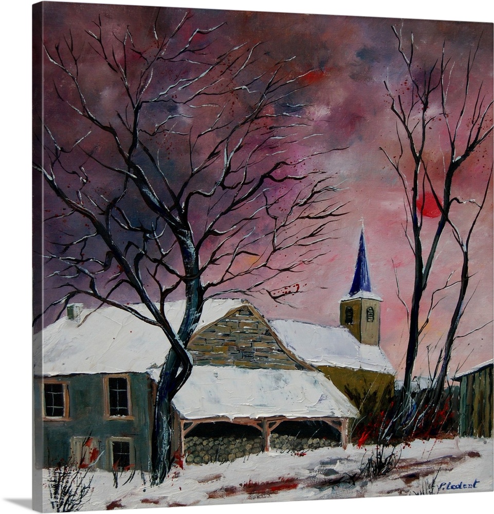 Vertical painting of a snow cover house in the winter with a dark, warm colored sky.