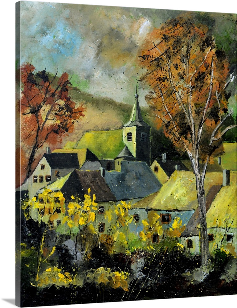 Vertical painting of a darkened landscape with trees in the foreground and a Belgium village in the background with cloudy...