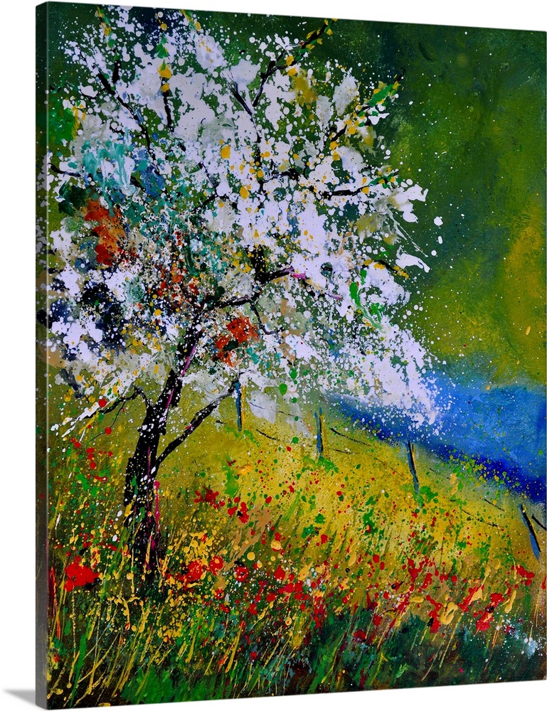 Vertical painting of a tree covered in white blooming flowers along a field of wild flowers on a spring day.