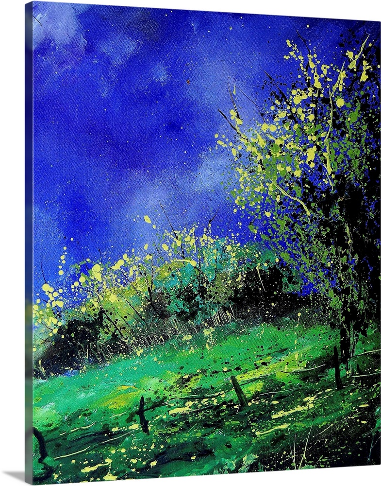 A vertical painting of a fenced in field with a brilliant blue sky.