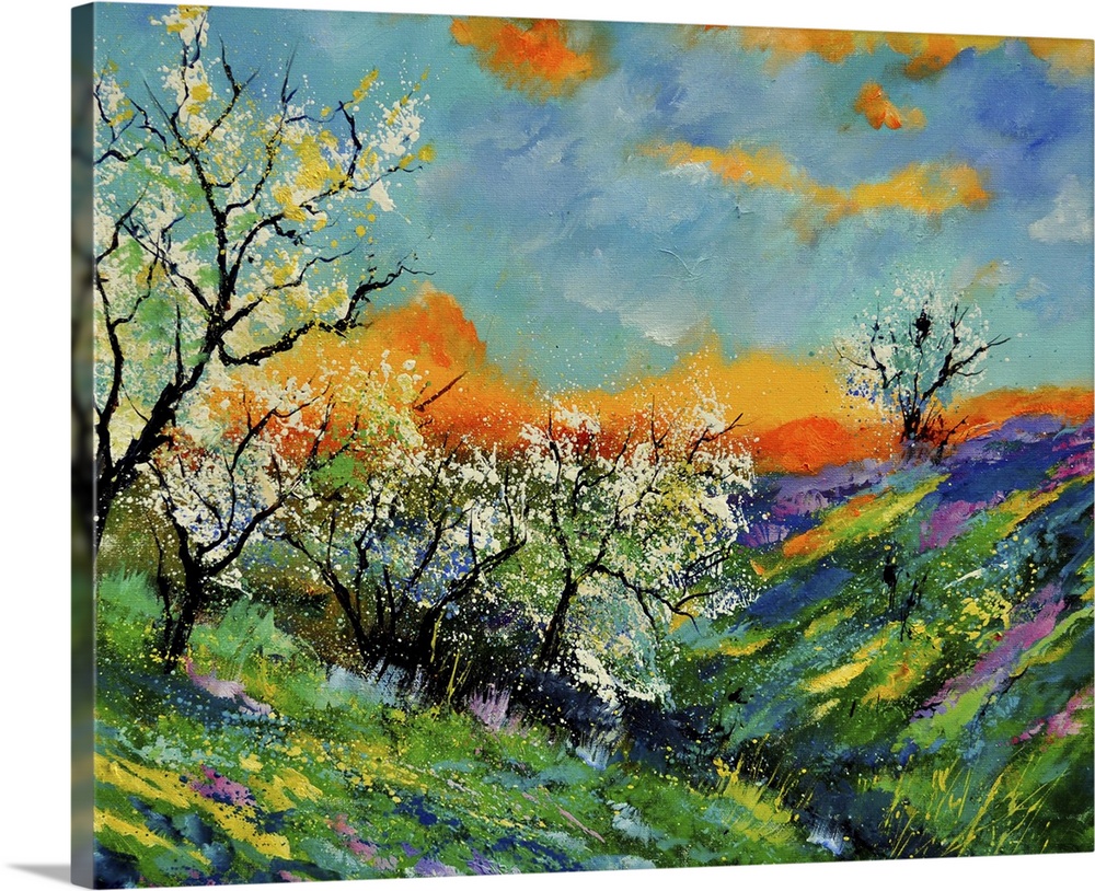 Vibrant colored springtime scene of a field of blooming flowers and trees with a bright orange/blue colored sky.