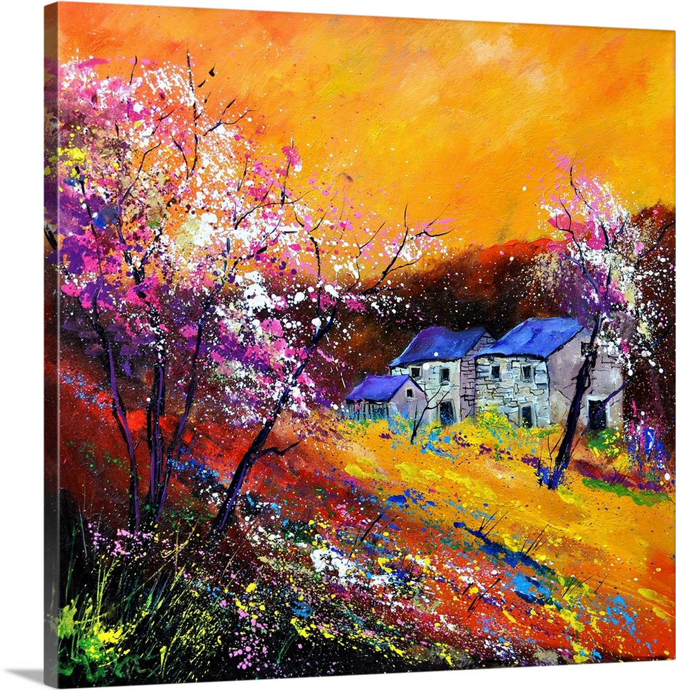 Vibrant colored springtime scene of a house surround by blooming flowers and trees with a bright orange colored sky.