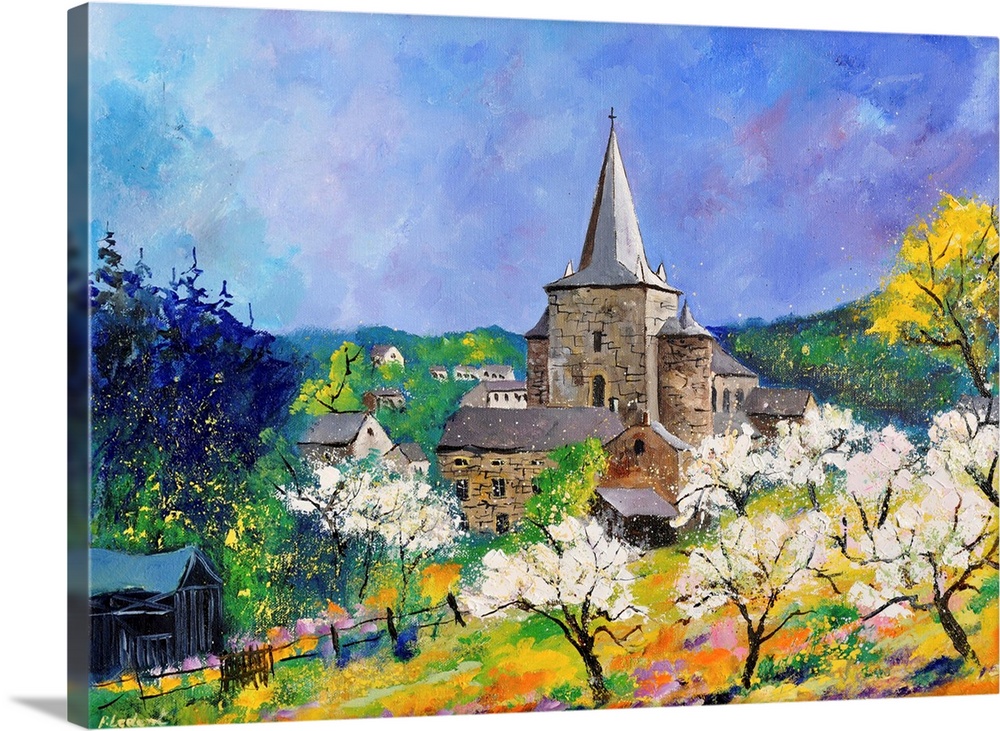 Horizontal painting of a spring landscape with white blooming trees in the foreground and a village in the background.