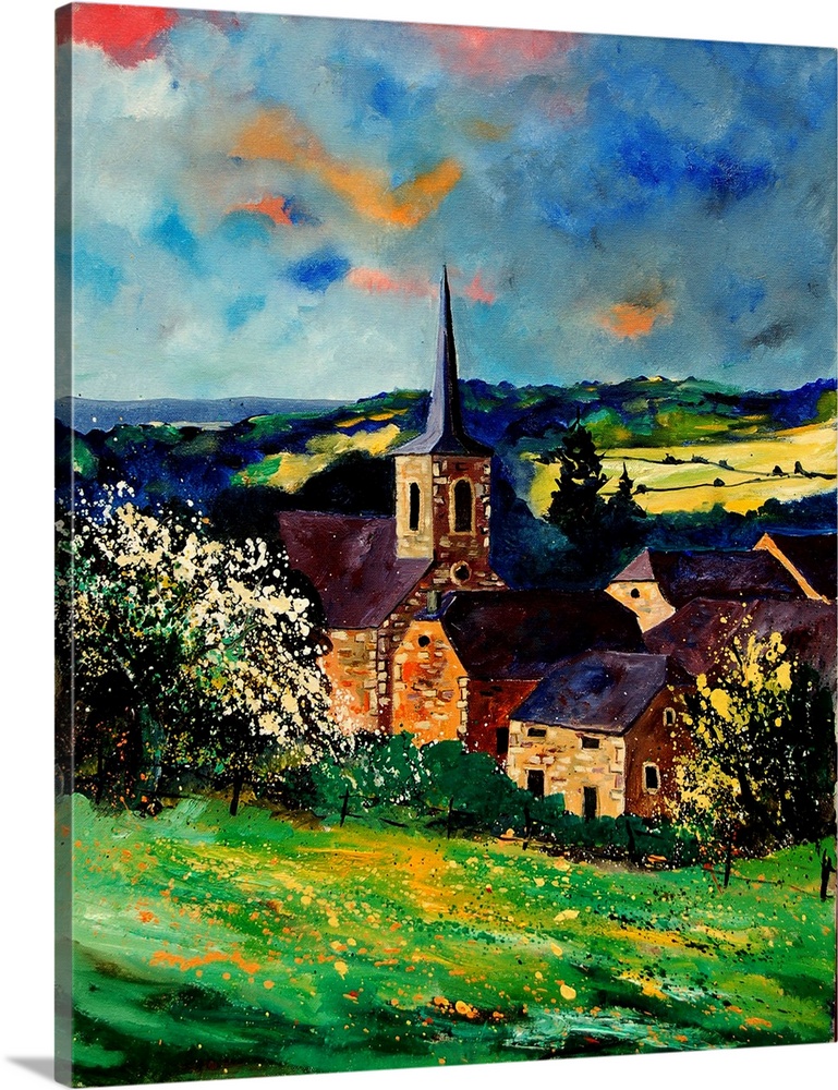 Vertical painting of a village of Gendron, Belgium in the spring time.