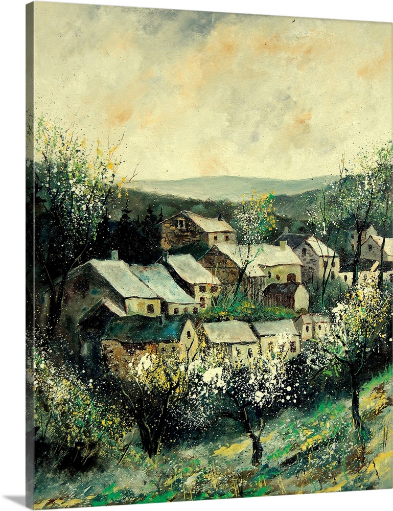 A vertical painting of the the village of Ardennes, Belgium during the springtime.