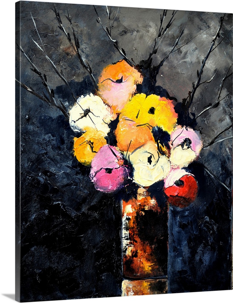 Contemporary painting of a vase of multi-colored flowers against a dark backdrop.