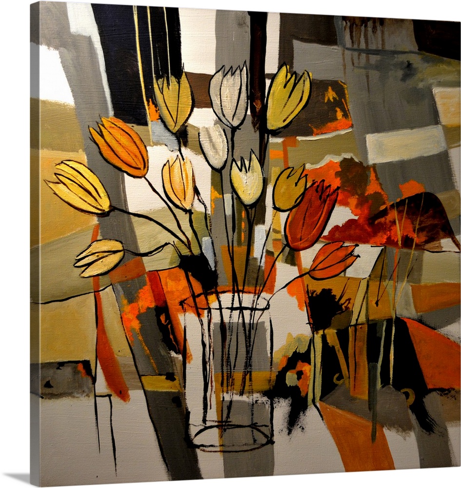 Painting done in a cubism style of a large bouquet of flowers in colors of red, orange and yellow, against a checkered bac...