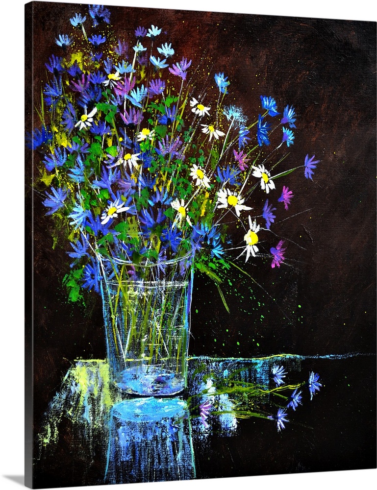 Contemporary painting of a vase of blue and white flowers against a dark backdrop with small splatters of paint overlapping.