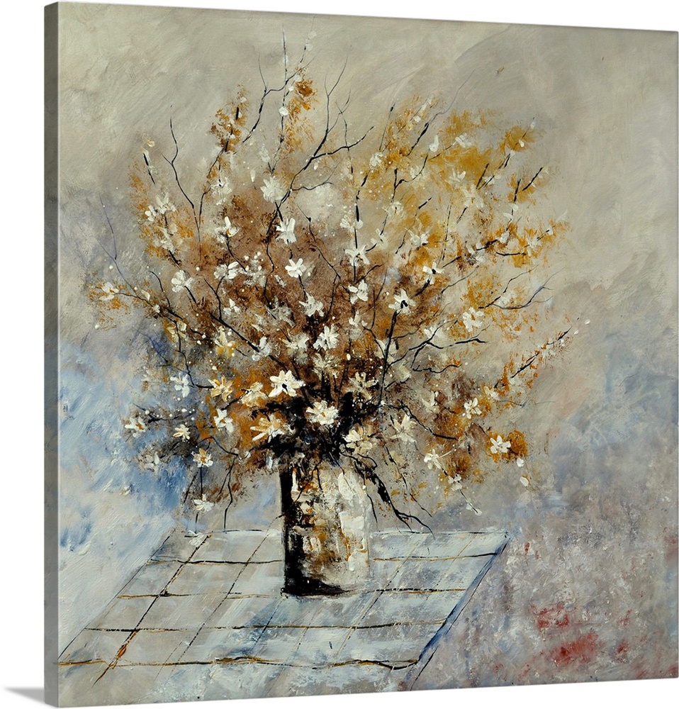 Contemporary painting of a vase of small white flowers on a table against a neutral backdrop.