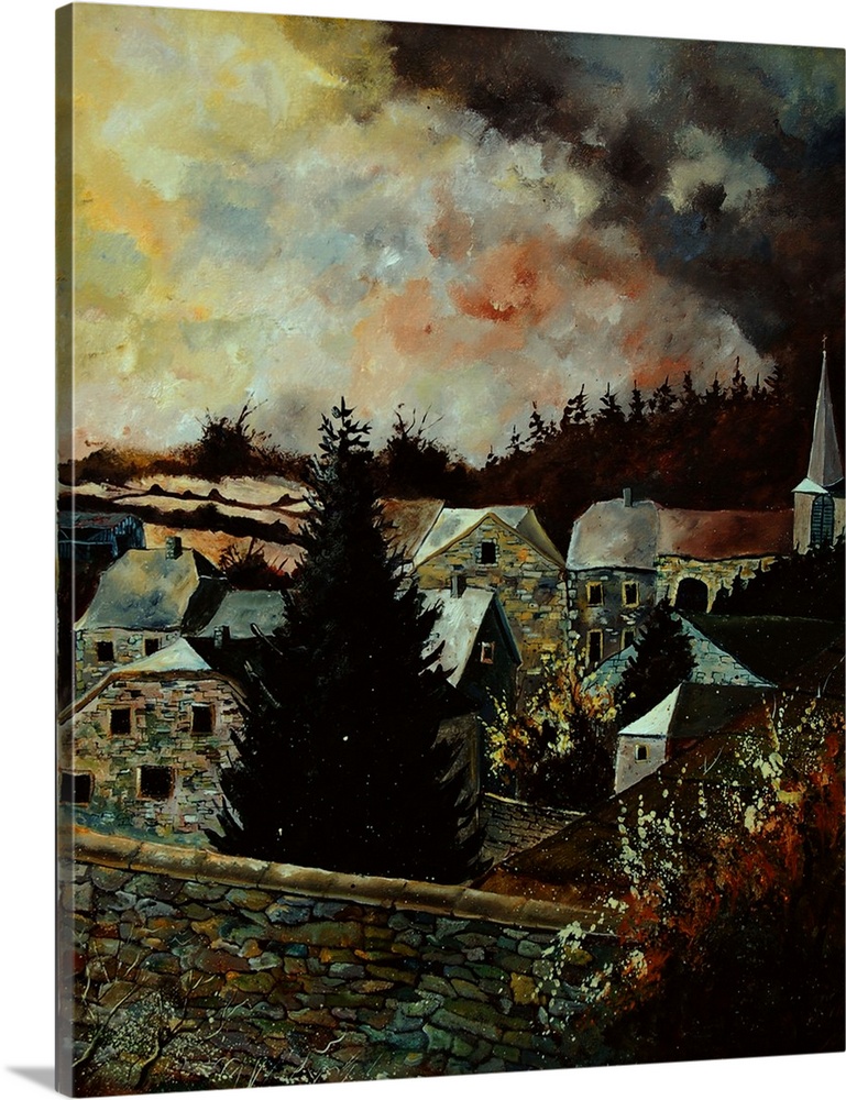 A contemporary painting of a village encompassed by a dark, gloomy storm.