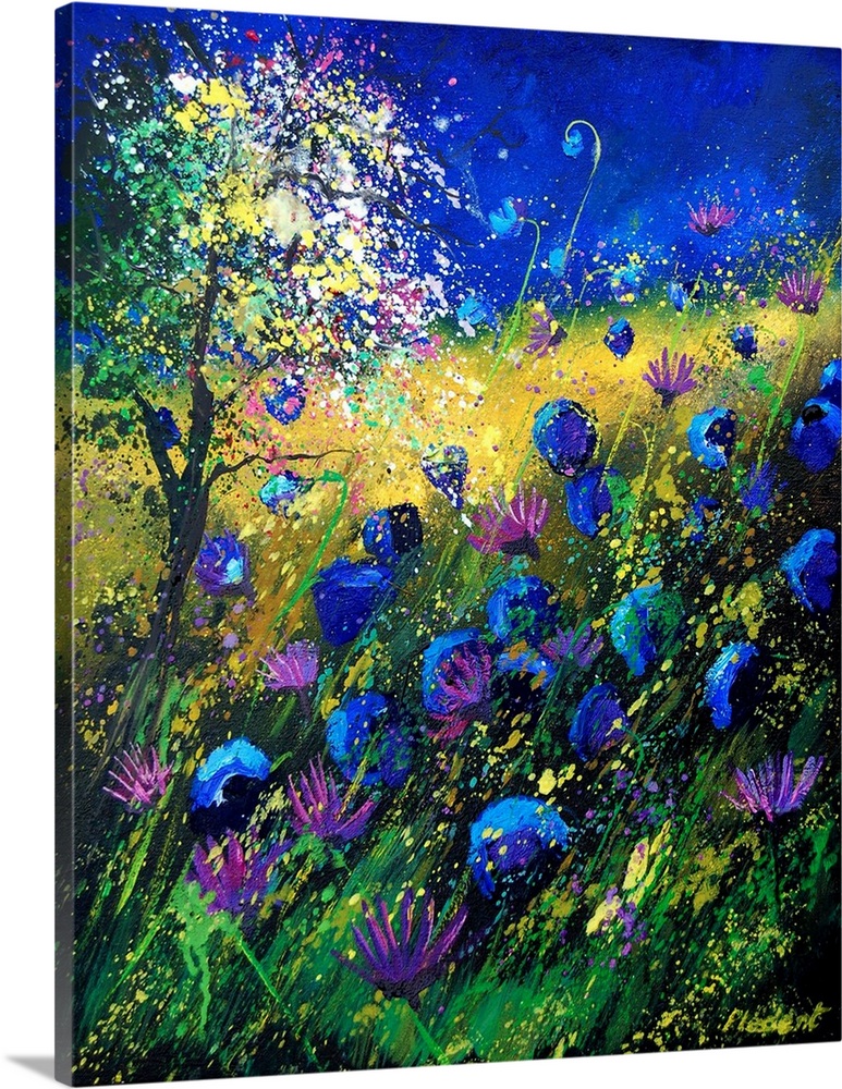 Vertical painting of a field of flowers on a summer day with splatters of multi-color paint overlapping the image.