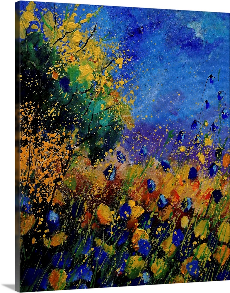 Vertical painting of a field of wild flowers with splatters of multi-color paint overlapping the image.