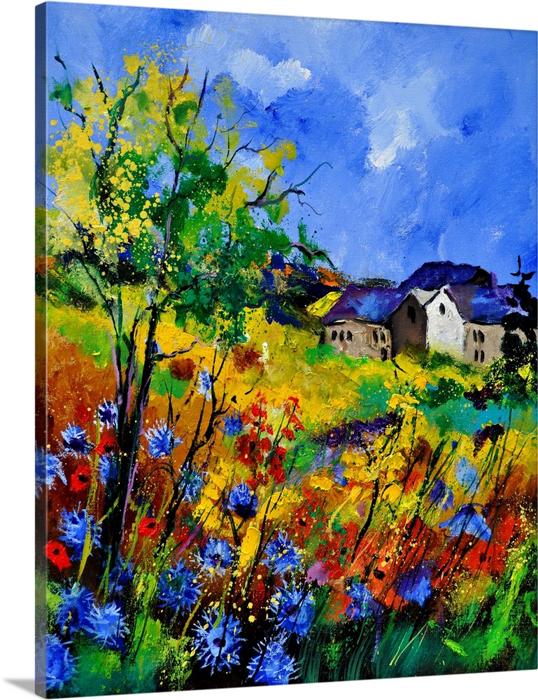 Vibrant colored summertime scene of a house surround by blooming flowers and trees with a bright blue sky.
